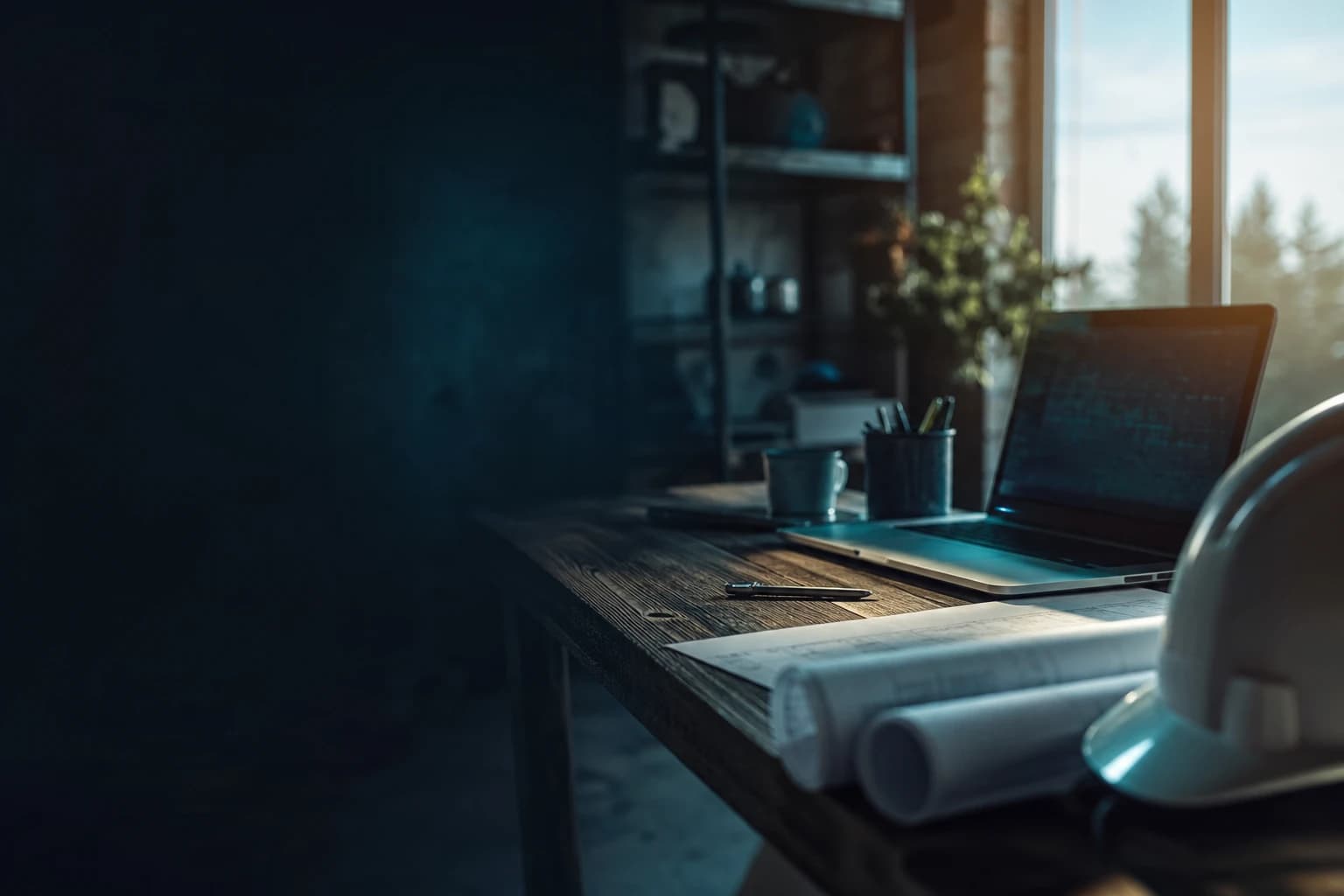 Contractor office at dawn — desk, hard hat, and soft teal light suggesting IntentGrid data intelligence at work