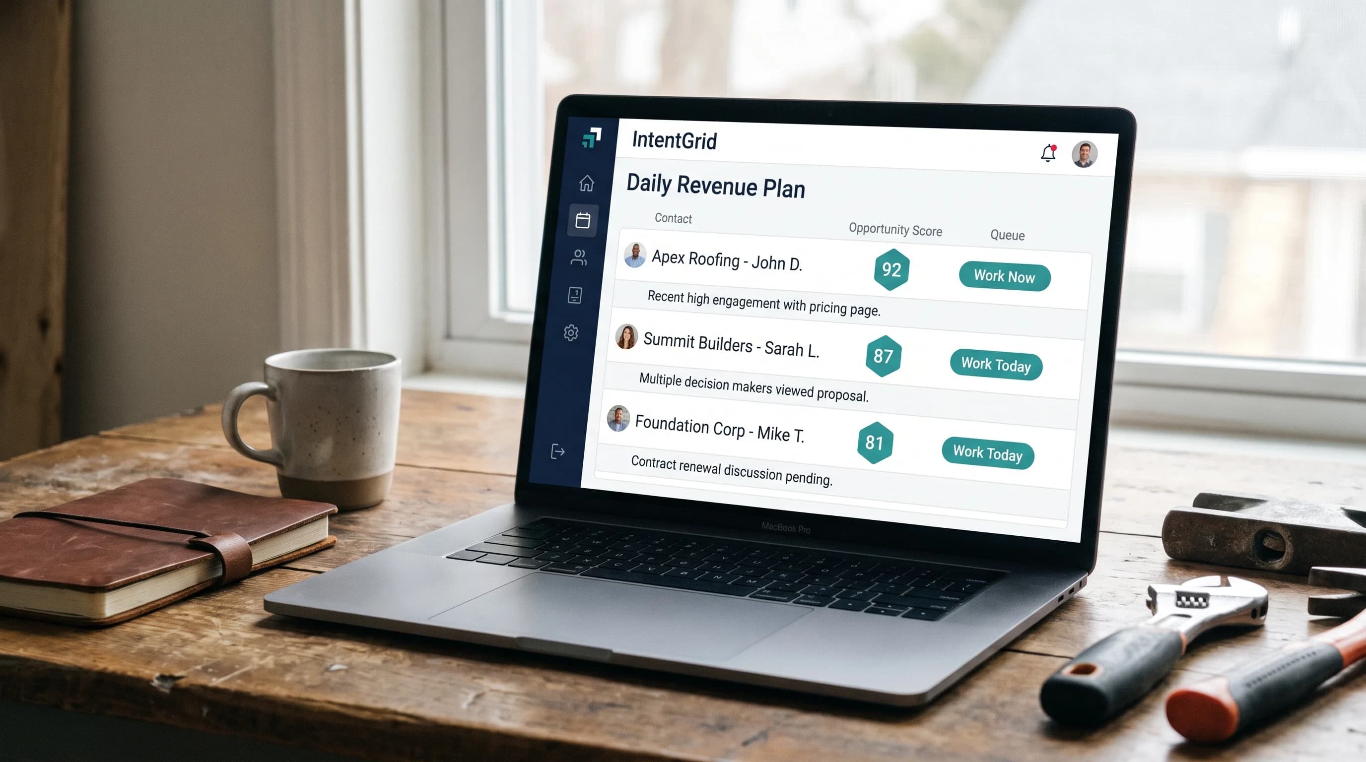 IntentGrid Daily Revenue Plan on a contractor's workbench — ranked contacts with Opportunity Scores and work queues
